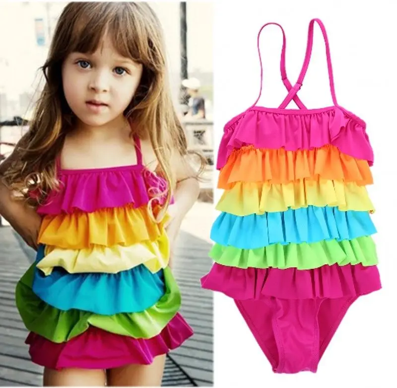 2017 Iriserende Toddler Børn Piger Rainbow Lagdelt Bikini Badetøj Badetøj Bikini Badetøj