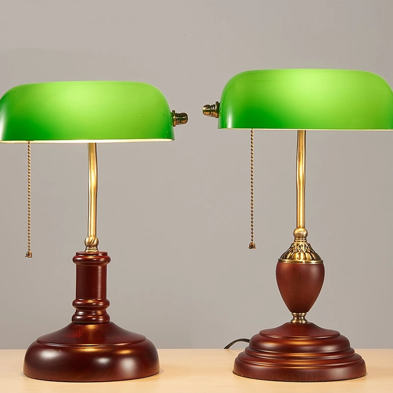 Vintage Træ-bordlampe, Grøn Glas Office-LED bordlampe med at Lære At Læse Lamper Tabel Studerendes Læring Dekoration Luminaria