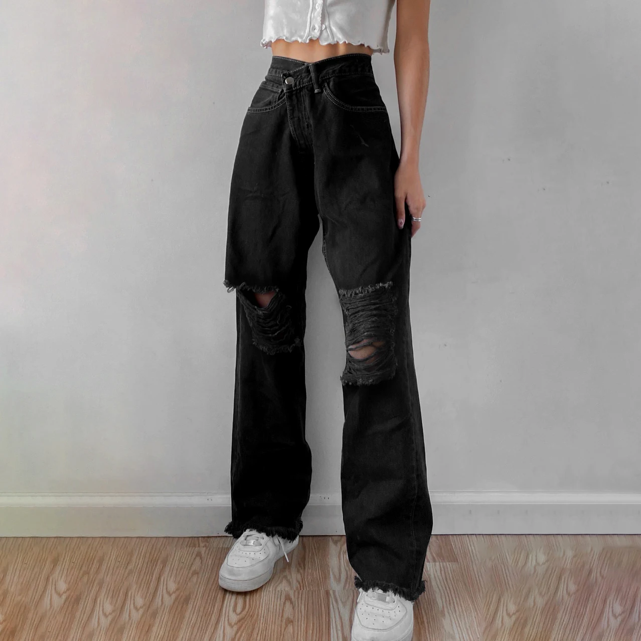 Rippet Sort Y2K Jeans Til Piger Fashion Kvinder 2021New Kvast Vintage Denim Bukser Uregelmæssig Høj Talje Varme Harajuku Capris