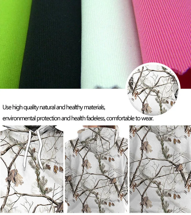 Mand eller Kvinder Hættetrøjer Tree 3D Digital Udskrivning Sweatshirt Snow White pine camouflage Camping Jagt Frakker Jakker