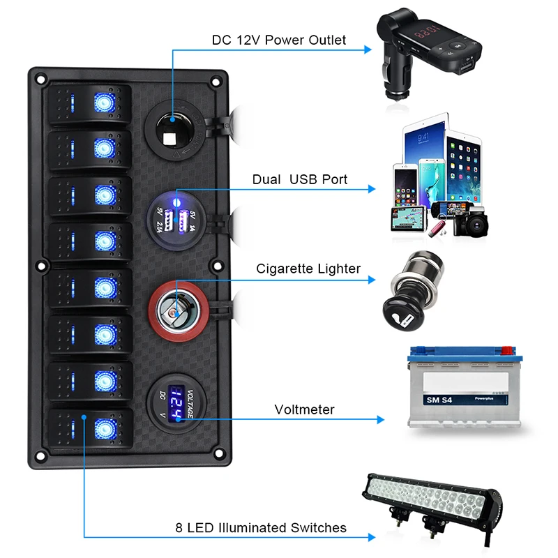 Vandtæt Båd Marine Switch Panel + USB-Stikket + Dual Cigarettænder + Led-Voltmeter 8 Bande Bil Rocker Switch Panel