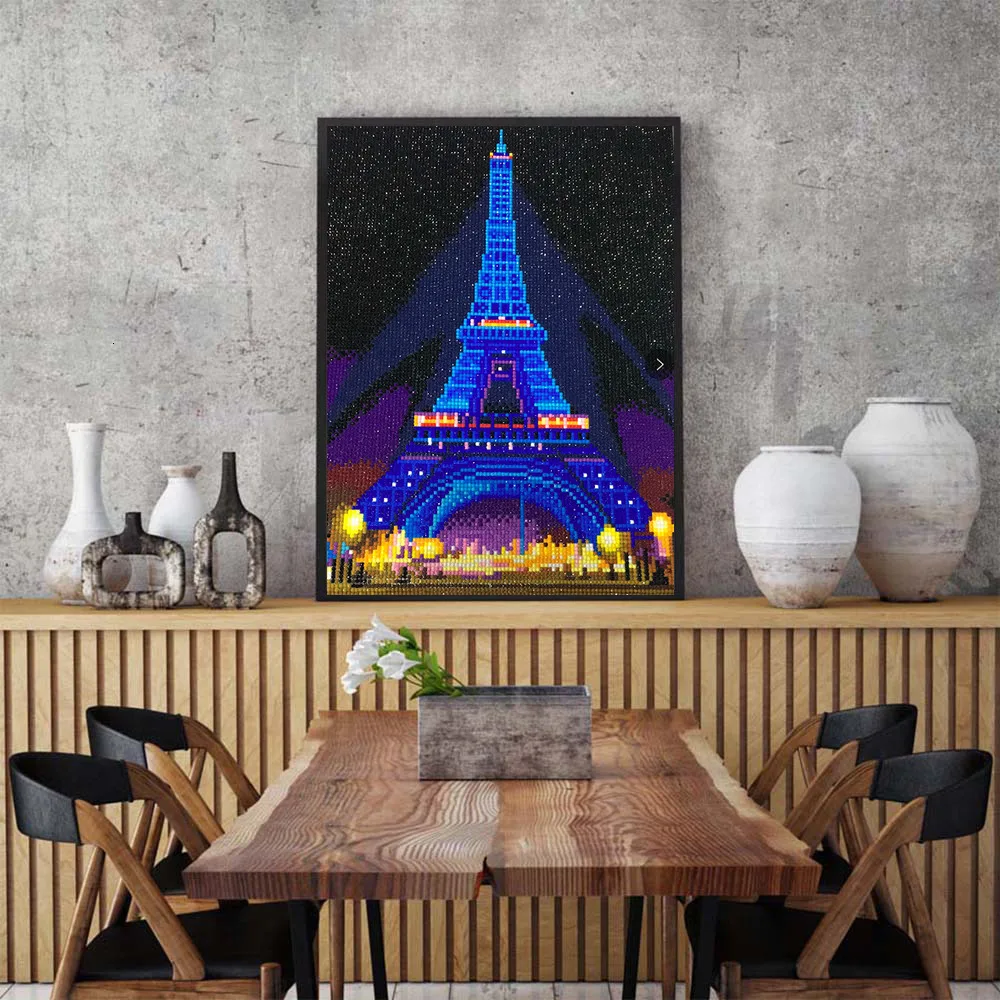HUACAN LED Diamant Maleri 5D Eiffeltårnet Diamant Broderi LED Lys Fuld Runde Bor Diamant Mosaik 30x40cm Med Ramme