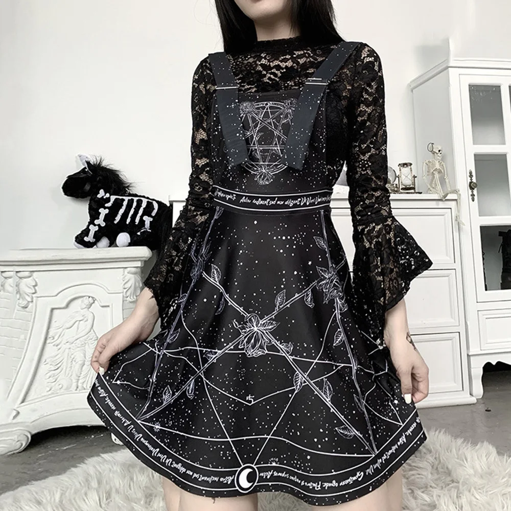 Rosetic Gotiske Print Hofteholder Mini Kjole Kvinder Sort Mørk Punk Casual En Linje Korte Kjoler Sommer Goth Pentagram Mode 2020