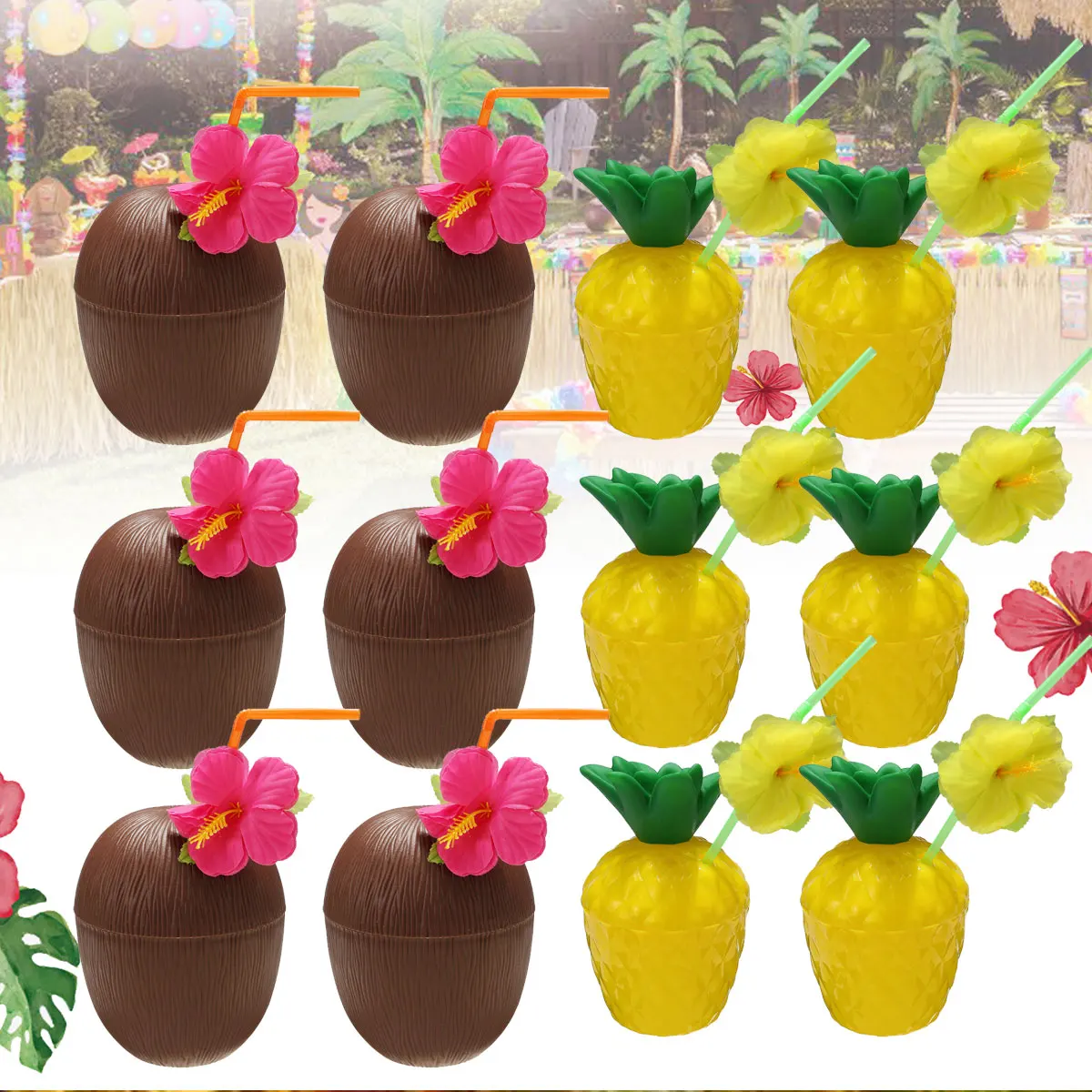 Hawaiian Beach Drink Cup med Halm Dekoration Sugerør Plast Kokos-Ananas til Fødselsdag Part Dekorationer