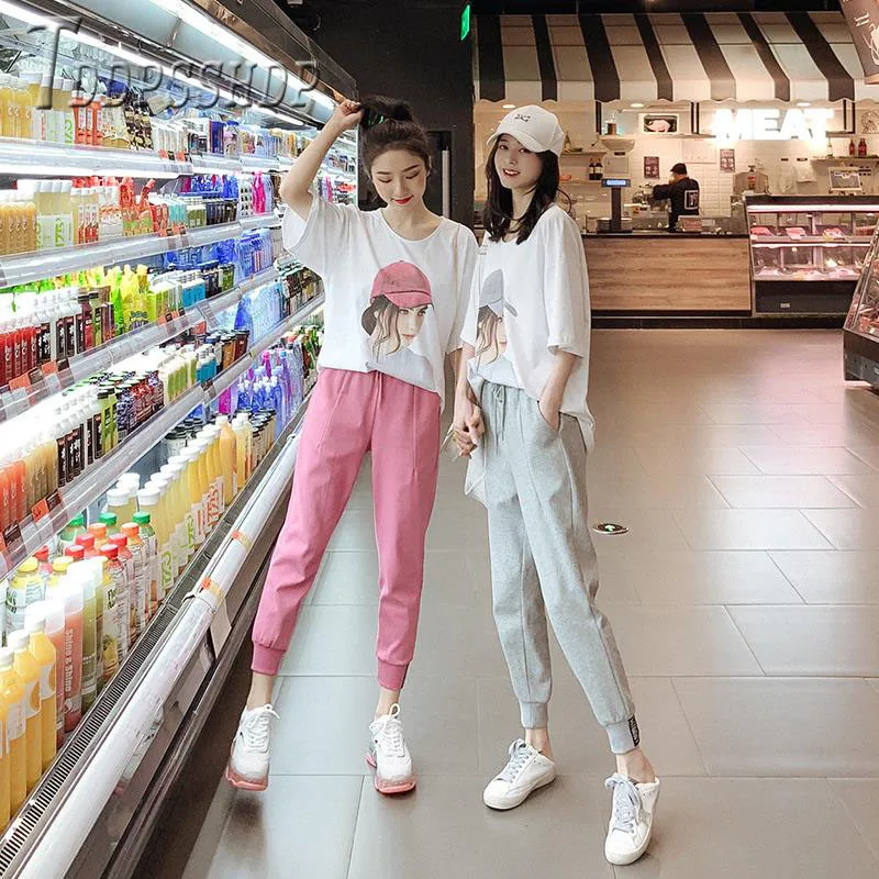 2019 Casual Dame Print T-Shirt Og Ensfarvet Bukser Kvinder Sætter Koreanske Kvindelige Sæt