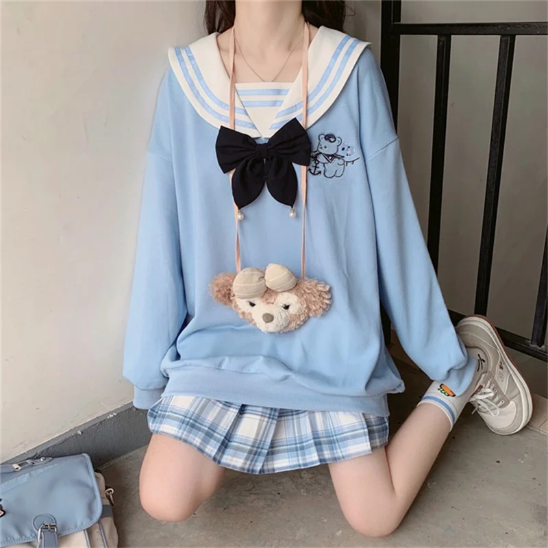 Japansk Sød Blød Girly Preppy Stil Afslappet JK-Studerende Kvinder Sweatshirt 2020 Efteråret Matros Krave Fuld Ærmet Shirt Dame Frakke