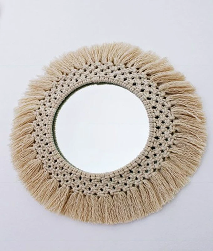 Diameter 35cm Macrame vægtæpper spejl, runde boho spejl væg macrame dekorative spejl, væg tæppe