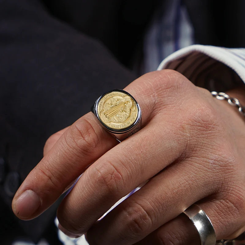 Katolske Sankt Benedikt Krucifiks Ring for mænd ins Elegant Rustfrit stål, bibelen og Jesus exorcist