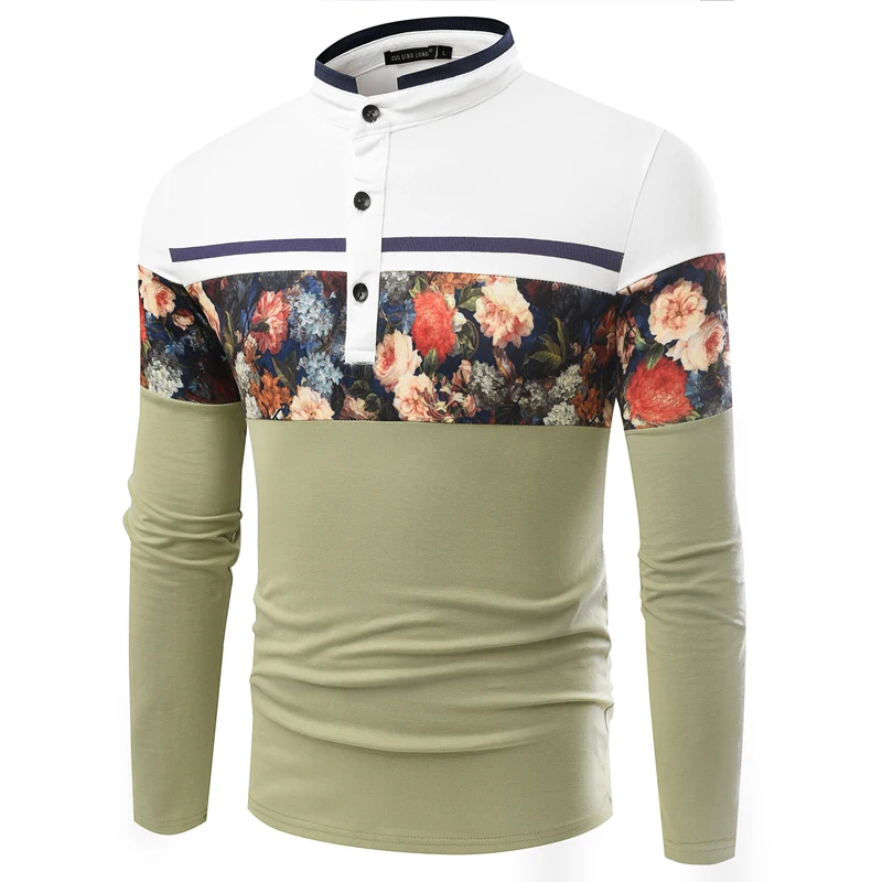Herre Blomster Print Polo langærmet Slim Fit Skjorter til manden Camisa mandlige Stå krave Polo Shirts Syning Toppe og Tees