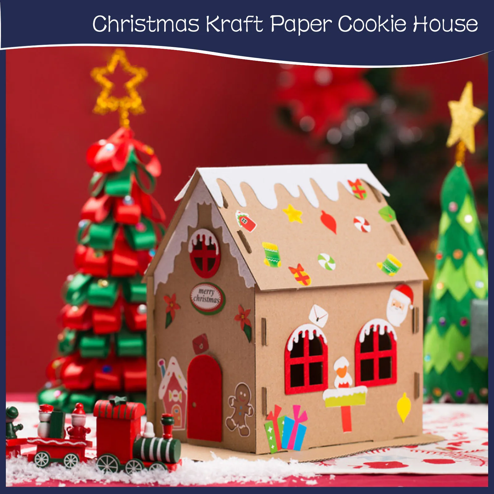 Jul Kraftpapir Cookie Hus DIY Julegave for Børn Håndlavet Papir Materiale og Klistermærker og Elektroniske Stearinlys