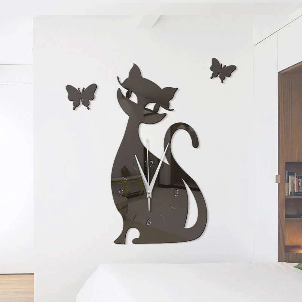 Vægur Søde Kat Butterfly Spejl Væg Ur Moderne Design Home Decor Se Wall Sticker