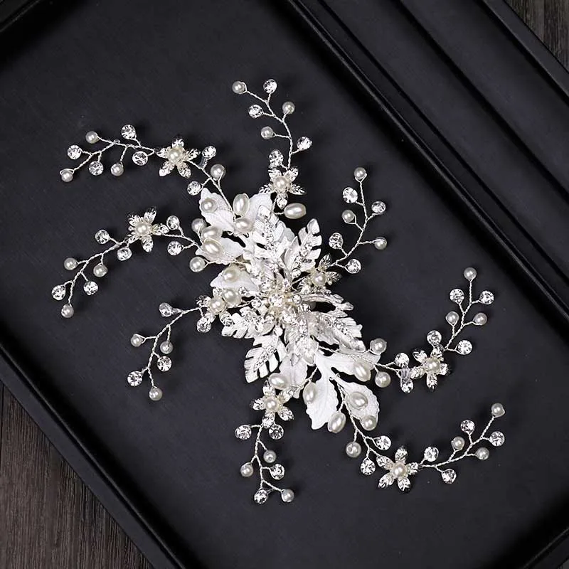 FORSEVEN Nye koreanske Mode Hvid Blomst Forlader Crystal Simuleret Perler Pandebånd Brud Noiva bryllupsfest Hår Smykker