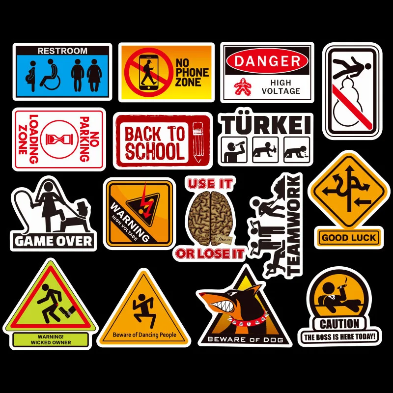 100 stk Advarsel Klistermærker faresignaler Påmindelse Mærkater Mærkat til DIY Bærbar Kuffert Guitar Køleskab Cykel Motorcykel Bil
