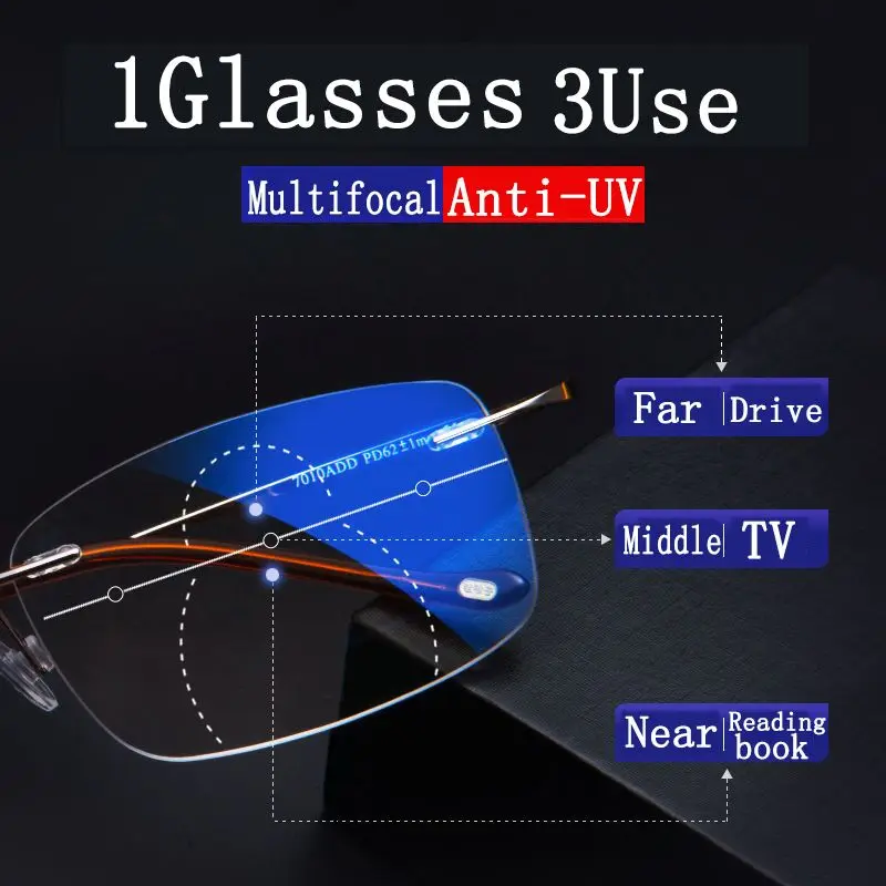 Ultra Let Titanium Anti-Blu-ray Progressive Briller til Læsning Mænd Kvinder Metal Uindfattede Bifokale Multifokal Linse Briller 1.5