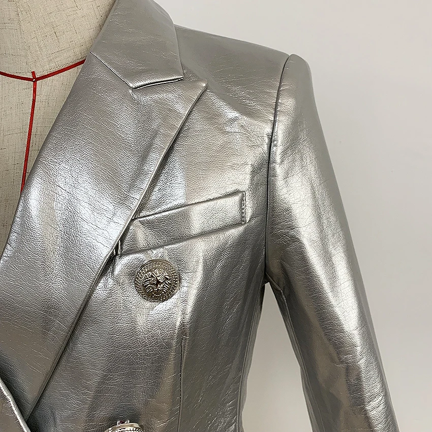 HIGH STREET Nyeste 2020 Designer Stilfulde Bane Kvinders Mode Lion Knapper Sølv Læder Blazer Jakke