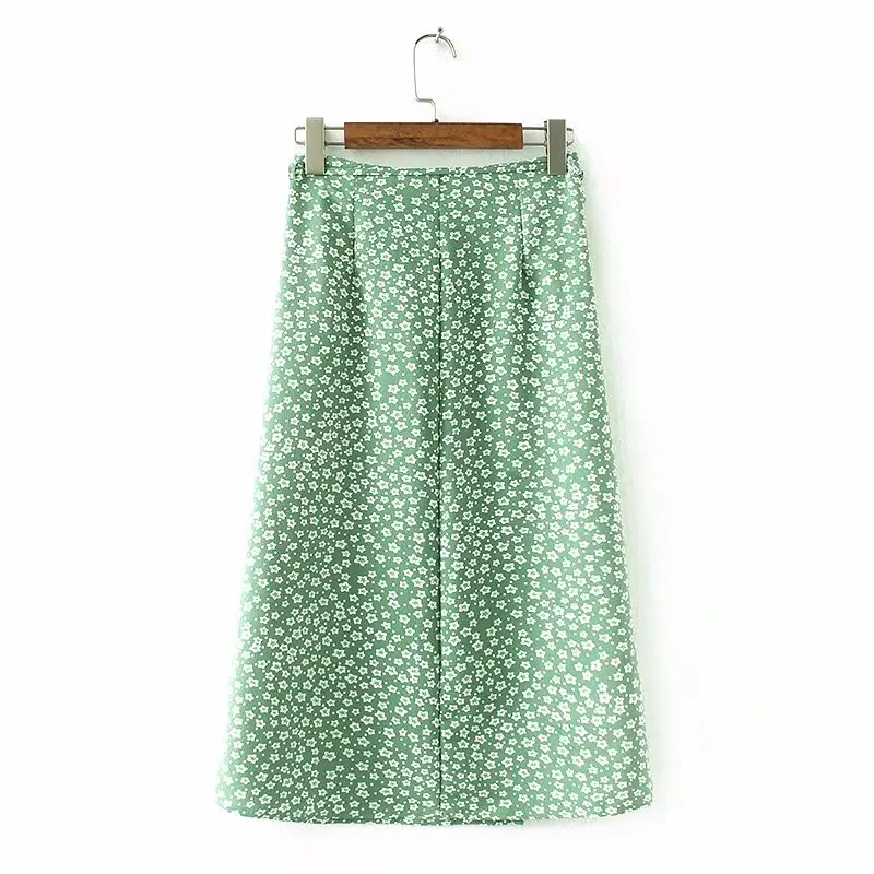 2019 Sommeren wrap lange nederdele kvinders vintage lolita grønne blomster print split høj talje nederdel kvinder koreansk mode streetwear