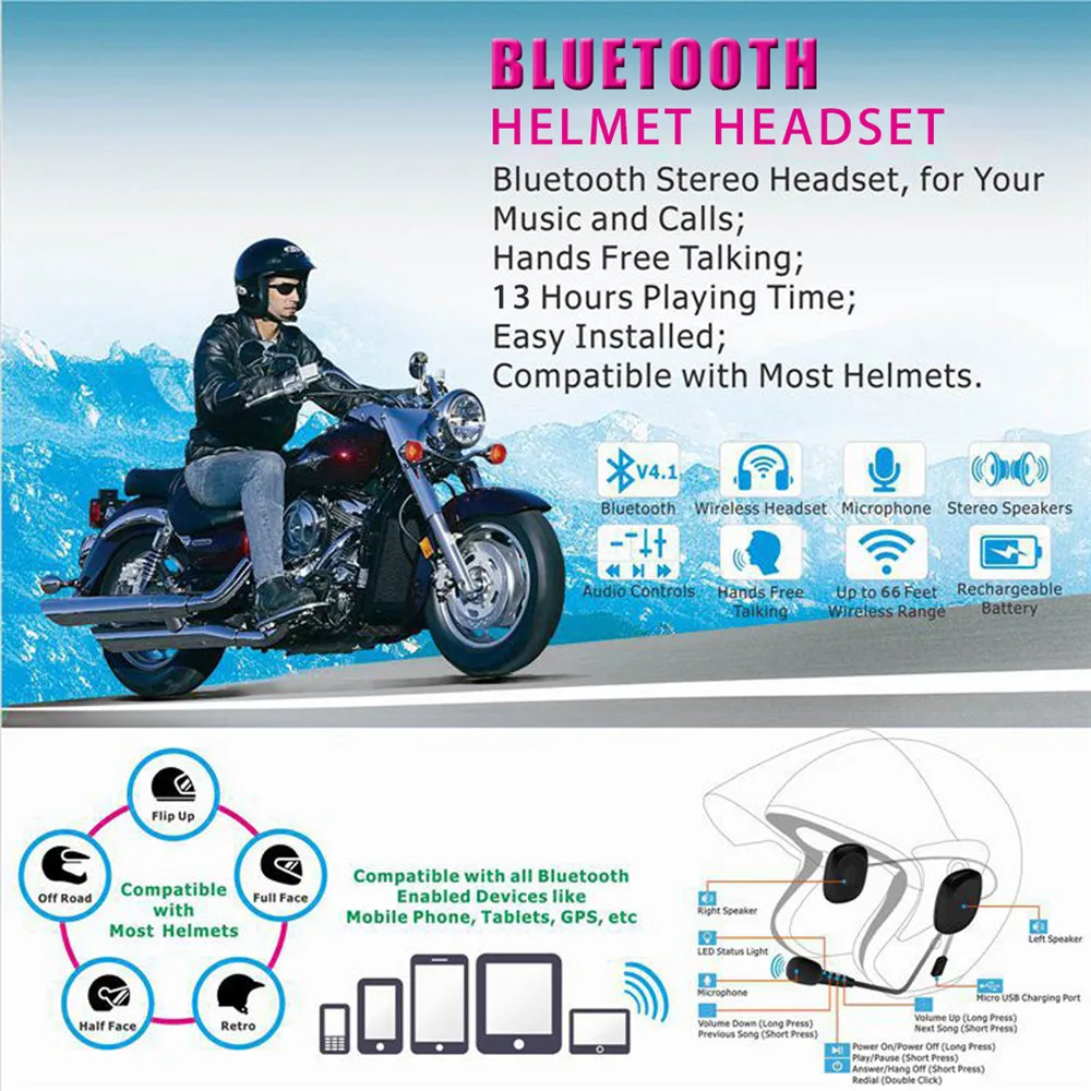 BT 4.2 Chip 50M 110dB Trådløse Motorcykel, Scooter Hjelm Headset Hovedtelefoner Med bluetooth-Funktion til håndfri Tale Intercom