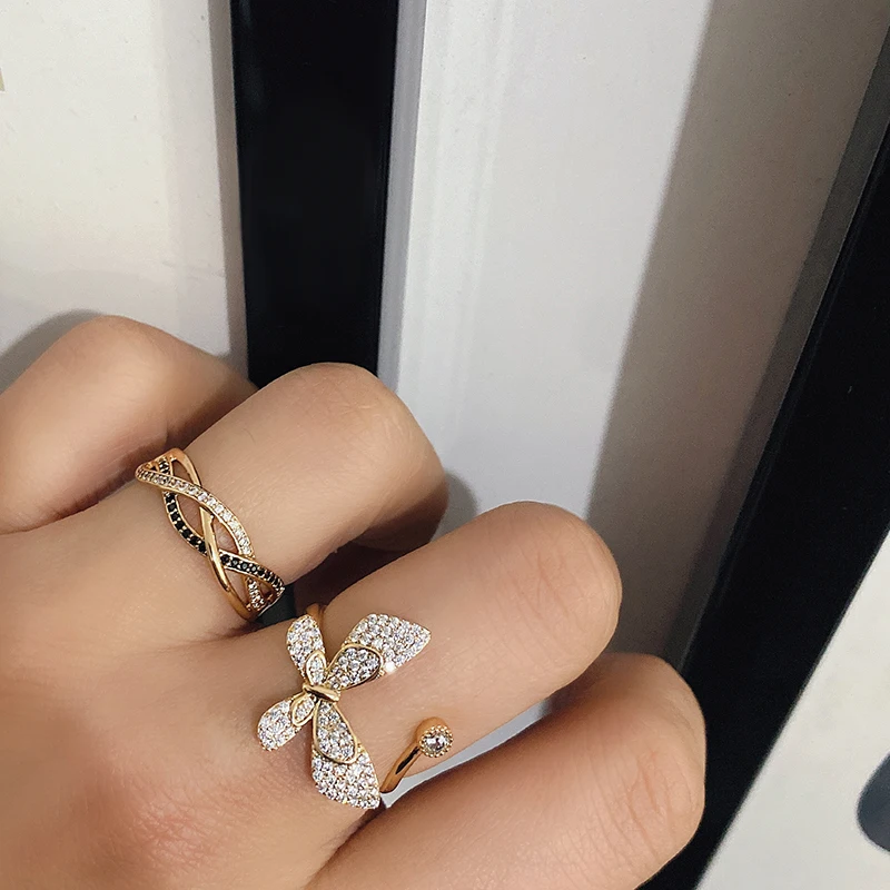 Kinel Luksus 585 Guld Naturlige Sorte Zircon Ring Geometriske Linje på Tværs af vielsesringe for Kvinder Vintage Mode Smykker