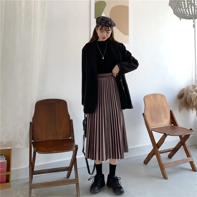 Hirsionsan Guld Fløjl Plisserede Nederdele Kvinder 2020 Foråret Nye koreanske Mode Solid En Linje Nederdel til Dame Smarte Elegante Midi-Nederdel