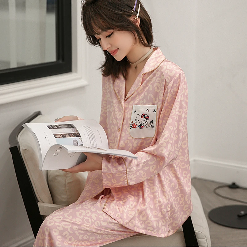 2021 Foråret Kvinders Pyjamas Sæt Luksus Stil, Mode Leopard Søde Kitty Nattøj Silke Som Fritids Hjem, Tøj, Nattøj